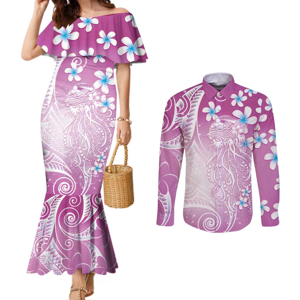 Polynesian Jellyfish Couples Matching Mermaid Dress and Long Sleeve Button Shirt With Plumeria Pink LT05 Pink - Polynesian Pride