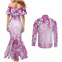 Polynesian Jellyfish Couples Matching Mermaid Dress and Long Sleeve Button Shirt With Plumeria Pink