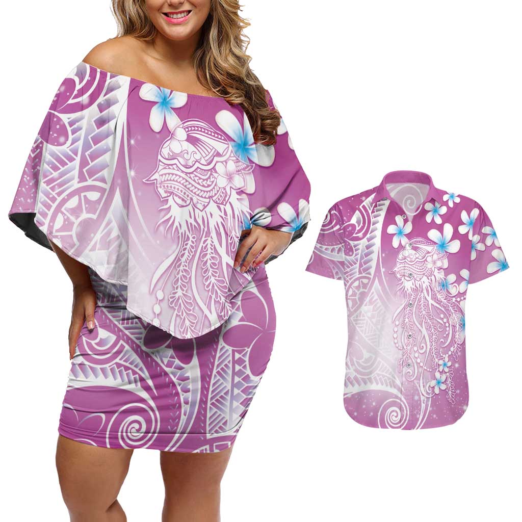 Polynesian Jellyfish Couples Matching Off Shoulder Short Dress and Hawaiian Shirt With Plumeria Pink