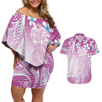 Polynesian Jellyfish Couples Matching Off Shoulder Short Dress and Hawaiian Shirt With Plumeria Pink