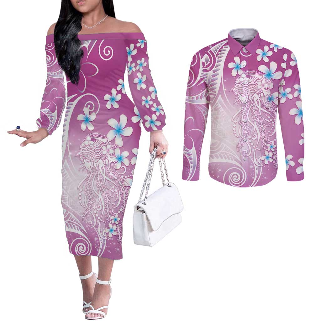 Polynesian Jellyfish Couples Matching Off The Shoulder Long Sleeve Dress and Long Sleeve Button Shirt With Plumeria Pink