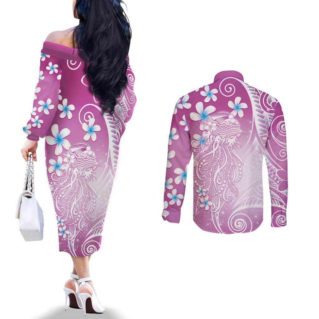 Polynesian Jellyfish Couples Matching Off The Shoulder Long Sleeve Dress and Long Sleeve Button Shirt With Plumeria Pink