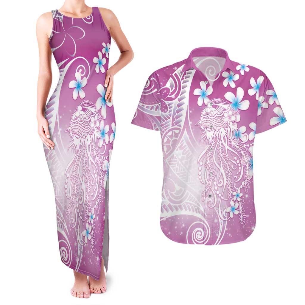 Polynesian Jellyfish Couples Matching Tank Maxi Dress and Hawaiian Shirt With Plumeria Pink