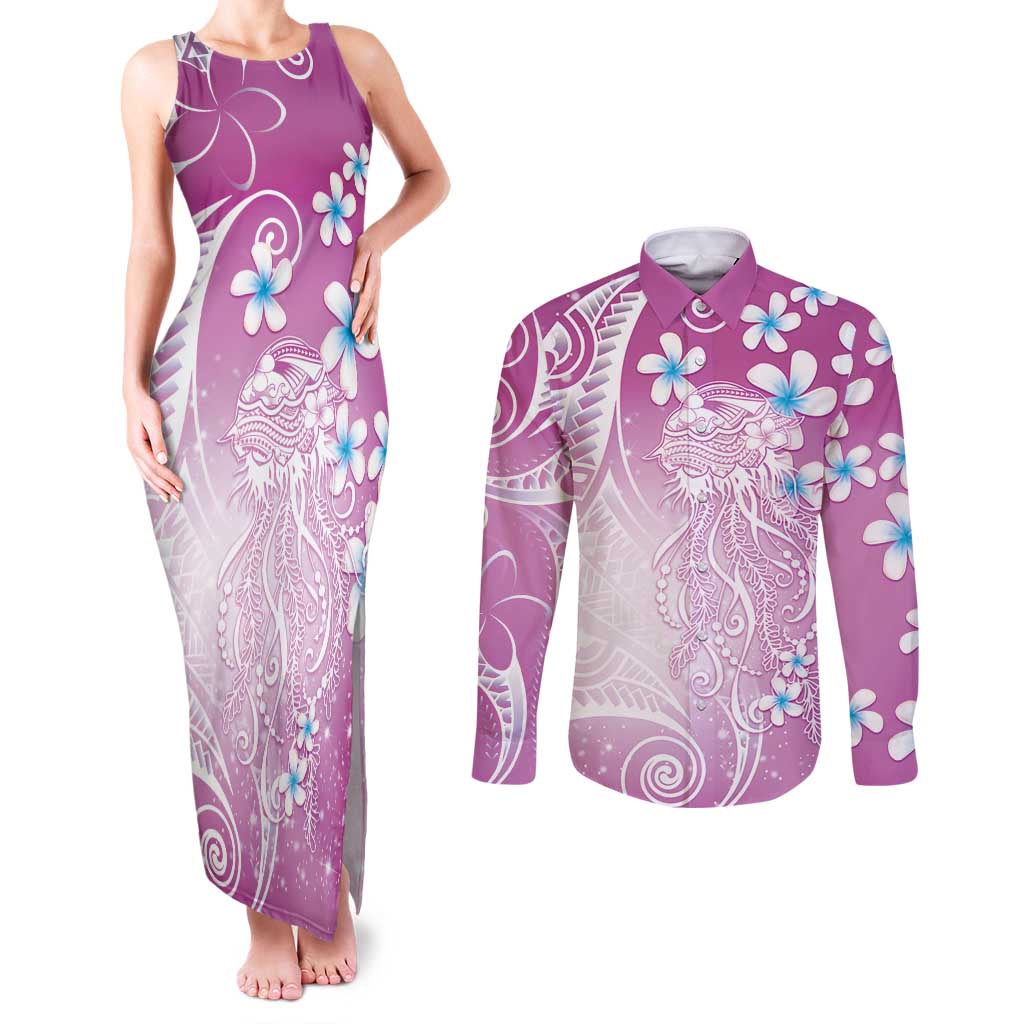 Polynesian Jellyfish Couples Matching Tank Maxi Dress and Long Sleeve Button Shirt With Plumeria Pink