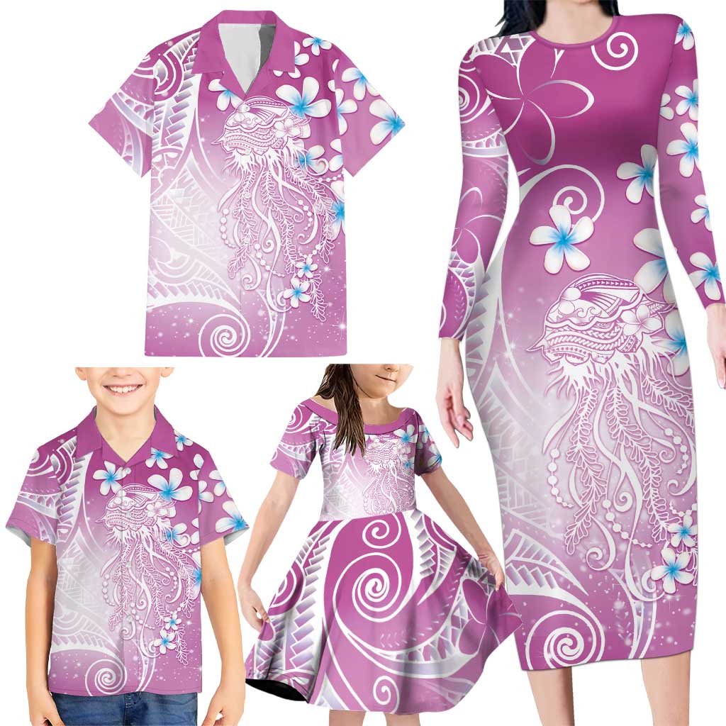 Polynesian Jellyfish Family Matching Long Sleeve Bodycon Dress and Hawaiian Shirt With Plumeria Pink