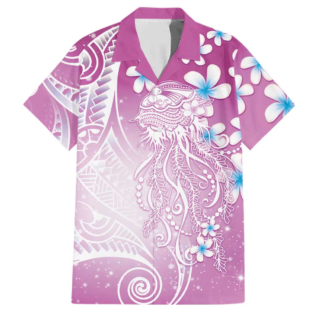 Polynesian Jellyfish Family Matching Long Sleeve Bodycon Dress and Hawaiian Shirt With Plumeria Pink
