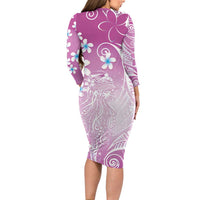 Polynesian Jellyfish Family Matching Long Sleeve Bodycon Dress and Hawaiian Shirt With Plumeria Pink