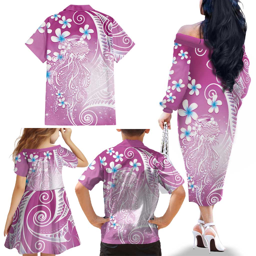 Polynesian Jellyfish Family Matching Off The Shoulder Long Sleeve Dress and Hawaiian Shirt With Plumeria Pink