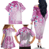 Polynesian Jellyfish Family Matching Off The Shoulder Long Sleeve Dress and Hawaiian Shirt With Plumeria Pink