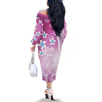 Polynesian Jellyfish Family Matching Off The Shoulder Long Sleeve Dress and Hawaiian Shirt With Plumeria Pink