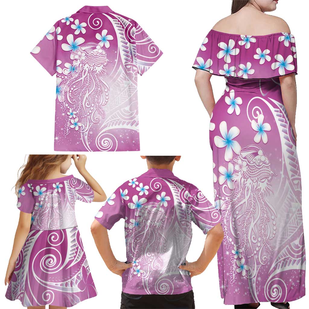 Polynesian Jellyfish Family Matching Off Shoulder Maxi Dress and Hawaiian Shirt With Plumeria Pink