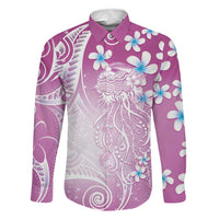 Polynesian Jellyfish Family Matching Off Shoulder Maxi Dress and Hawaiian Shirt With Plumeria Pink
