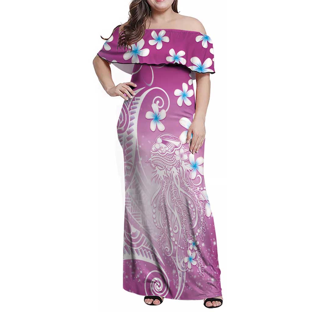 Polynesian Jellyfish Family Matching Off Shoulder Maxi Dress and Hawaiian Shirt With Plumeria Pink