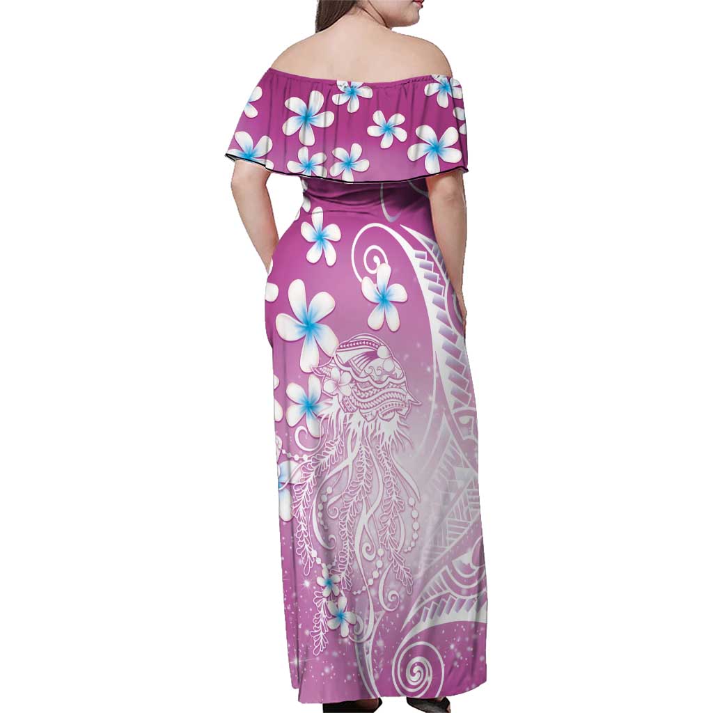 Polynesian Jellyfish Family Matching Off Shoulder Maxi Dress and Hawaiian Shirt With Plumeria Pink