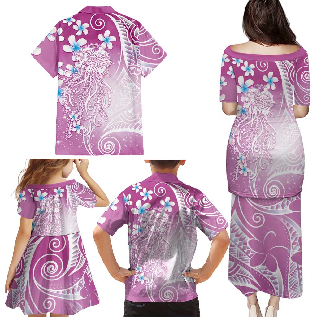 Polynesian Jellyfish Family Matching Puletasi and Hawaiian Shirt With Plumeria Pink