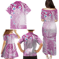 Polynesian Jellyfish Family Matching Puletasi and Hawaiian Shirt With Plumeria Pink