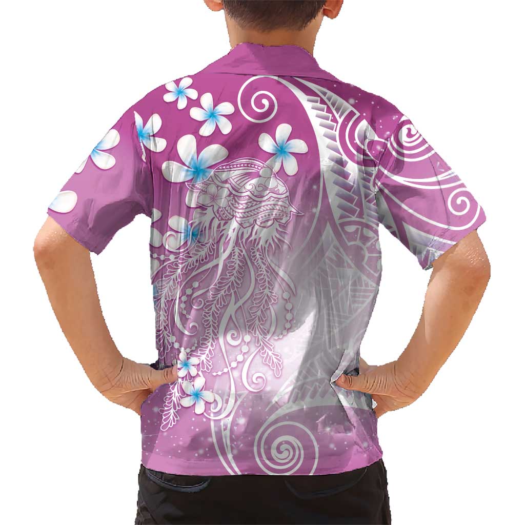 Polynesian Jellyfish Family Matching Short Sleeve Bodycon Dress and Hawaiian Shirt With Plumeria Pink
