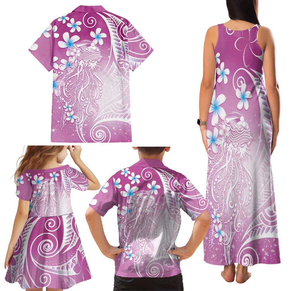 Polynesian Jellyfish Family Matching Tank Maxi Dress and Hawaiian Shirt With Plumeria Pink