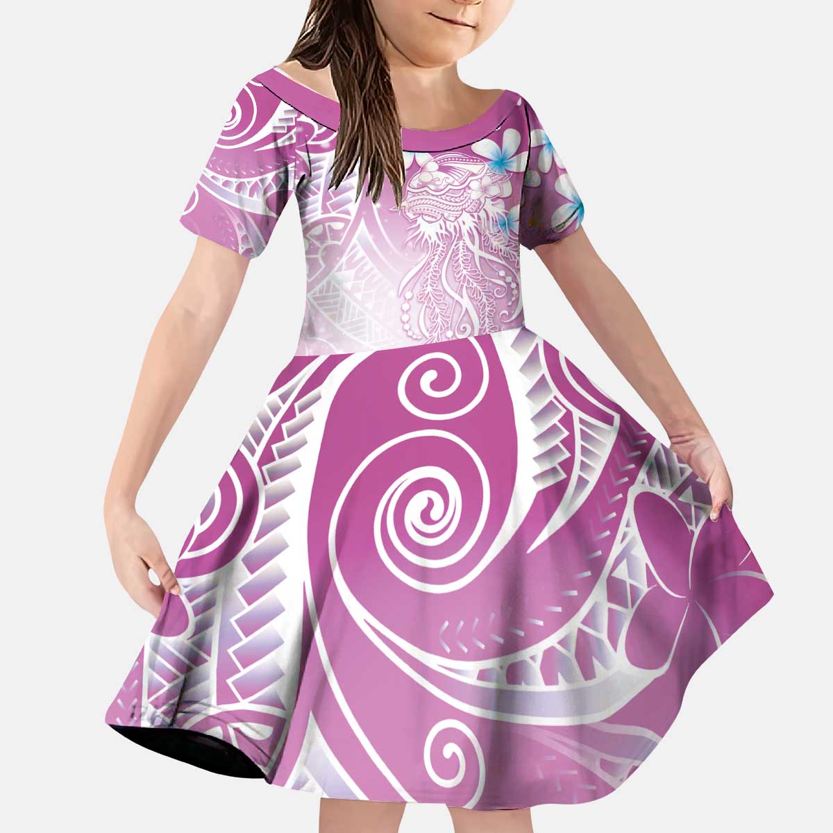 Polynesian Jellyfish Kid Short Sleeve Dress With Plumeria Pink LT05 KID Pink - Polynesian Pride