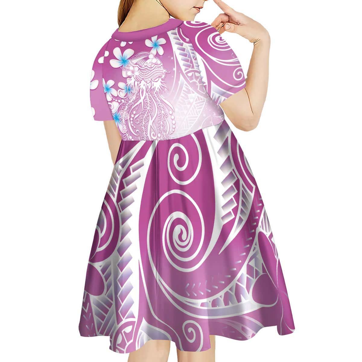 Polynesian Jellyfish Kid Short Sleeve Dress With Plumeria Pink LT05 - Polynesian Pride