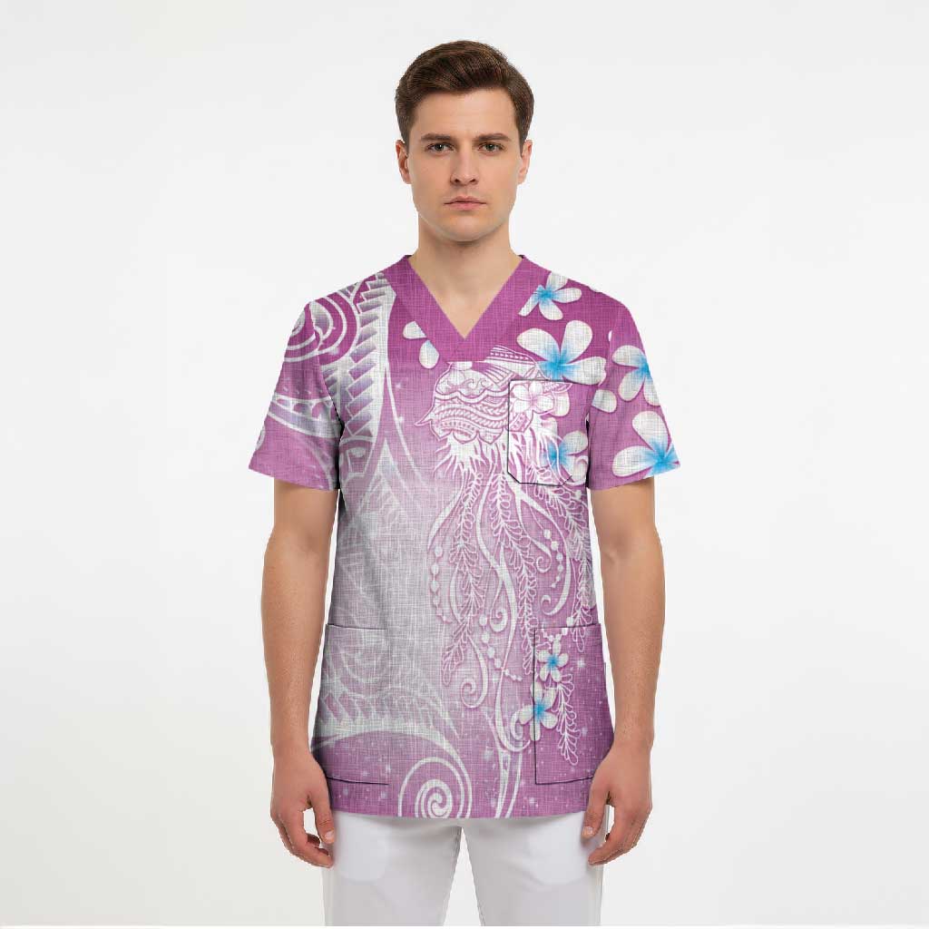 Polynesian Jellyfish Scrub Top With Plumeria Pink
