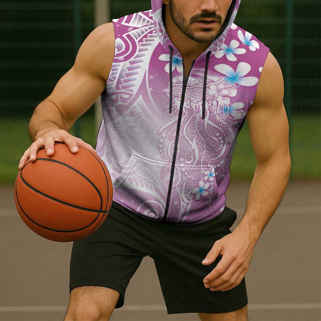 Polynesian Jellyfish Sleeveless Zip Hoodie With Plumeria Pink