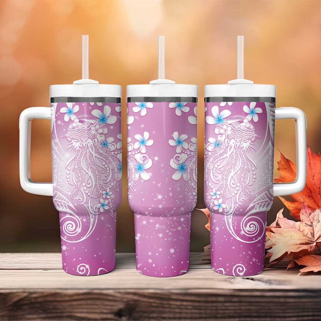 Polynesian Jellyfish Tumbler With Handle With Plumeria Pink