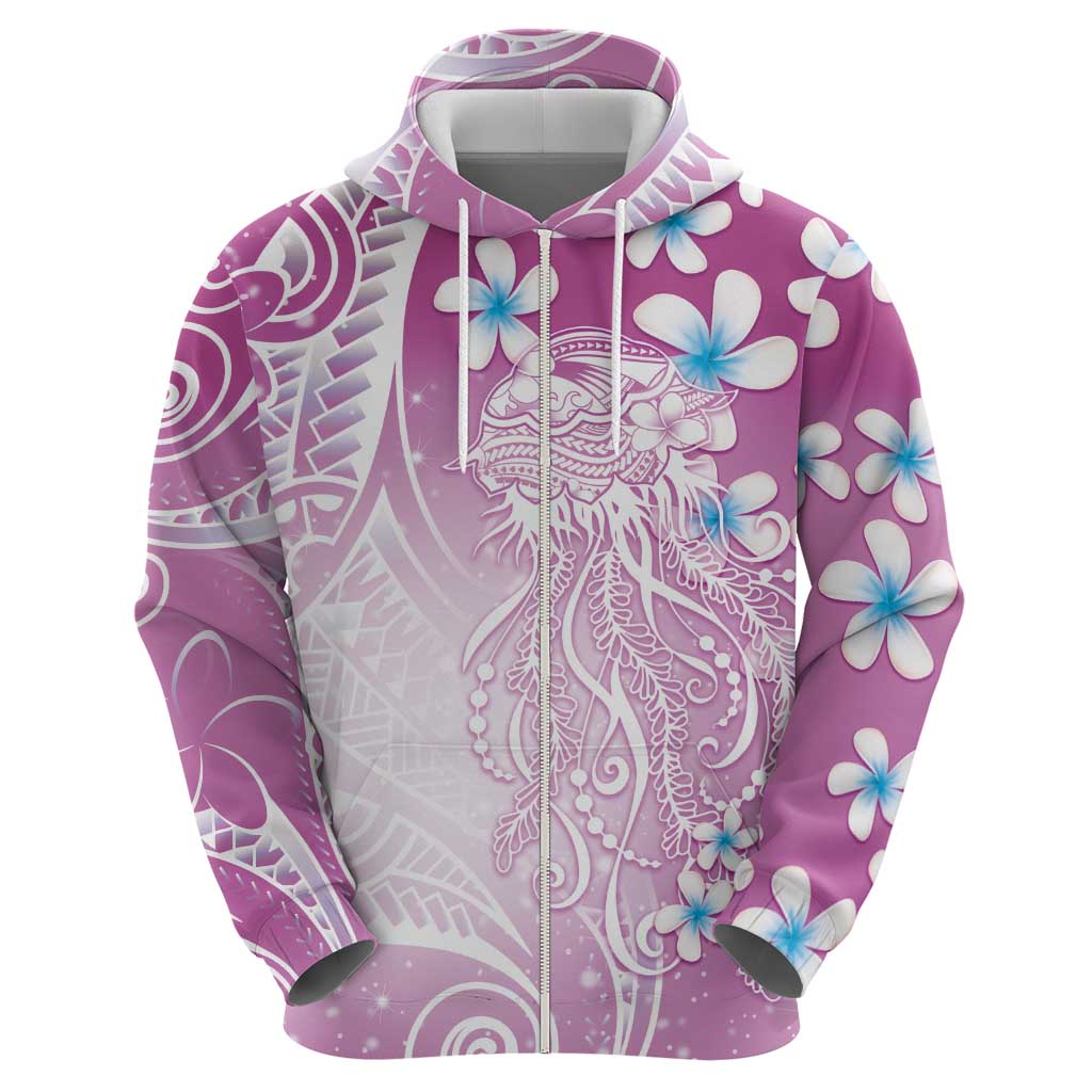 Polynesian Jellyfish Zip Hoodie With Plumeria Pink