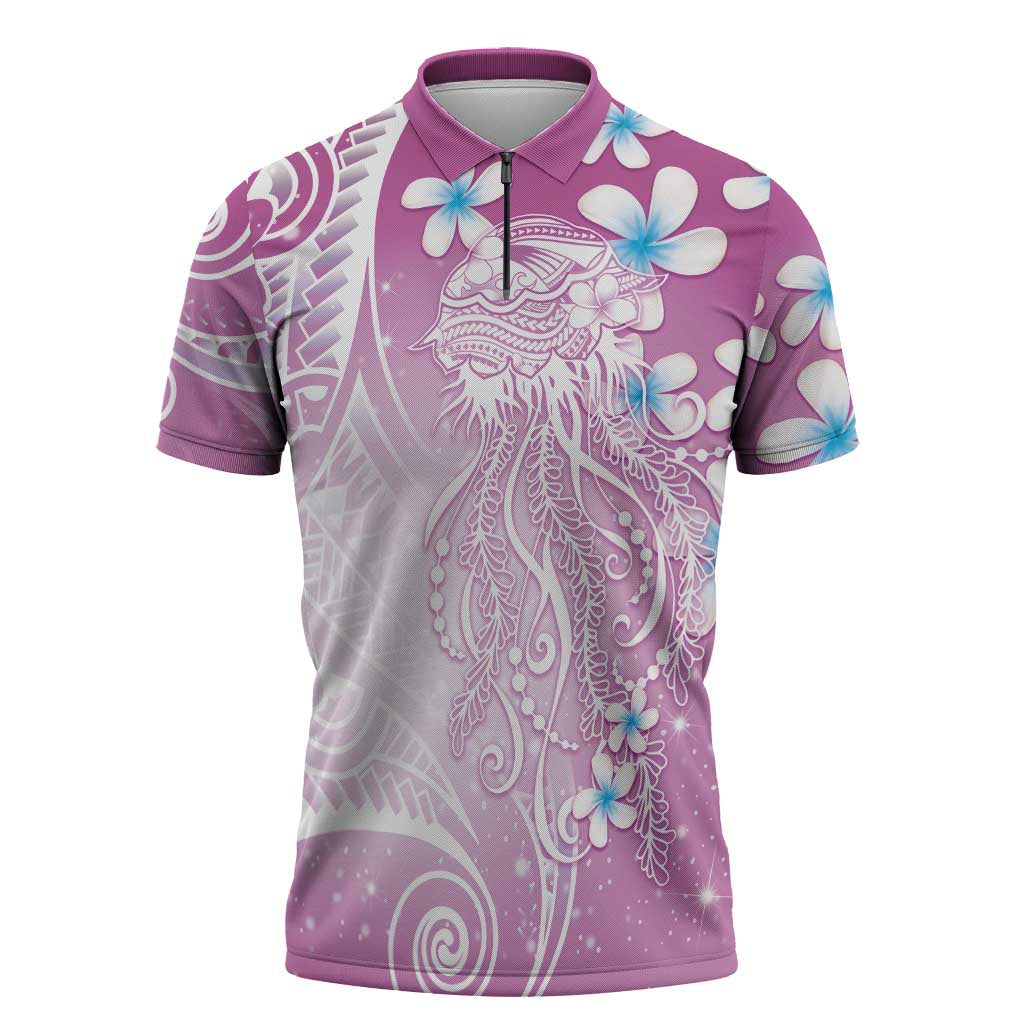 Polynesian Jellyfish Zipper Polo Shirt With Plumeria Pink LT05 Pink - Polynesian Pride