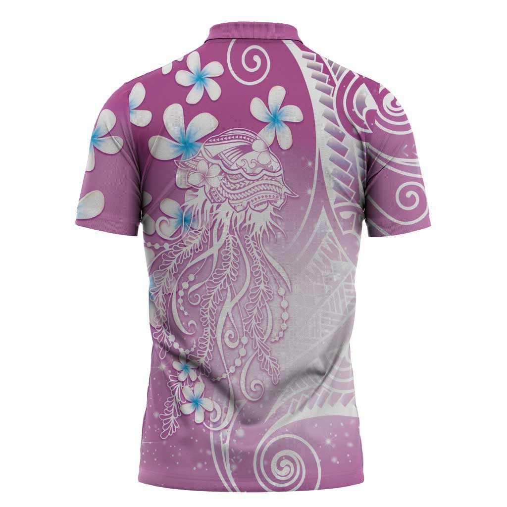 Polynesian Jellyfish Zipper Polo Shirt With Plumeria Pink LT05 - Polynesian Pride