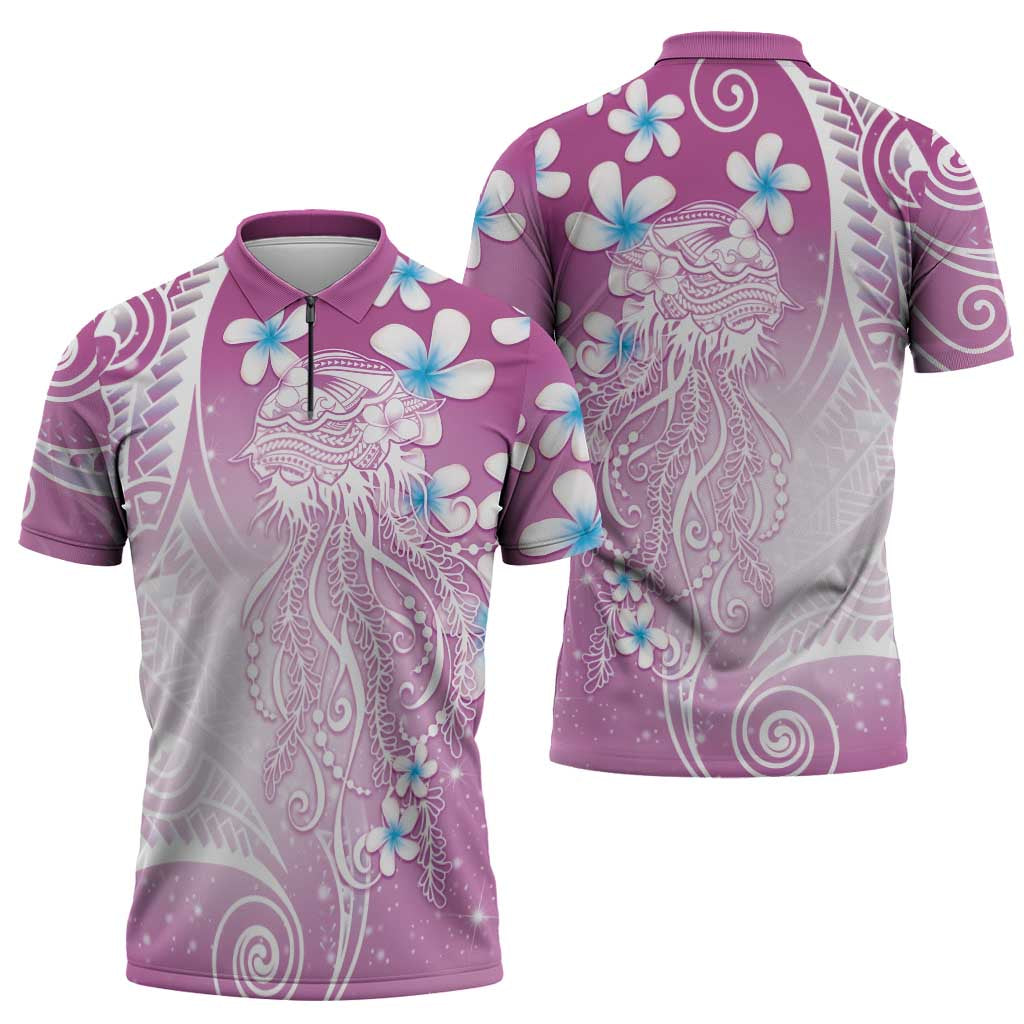Polynesian Jellyfish Zipper Polo Shirt With Plumeria Pink LT05 - Polynesian Pride