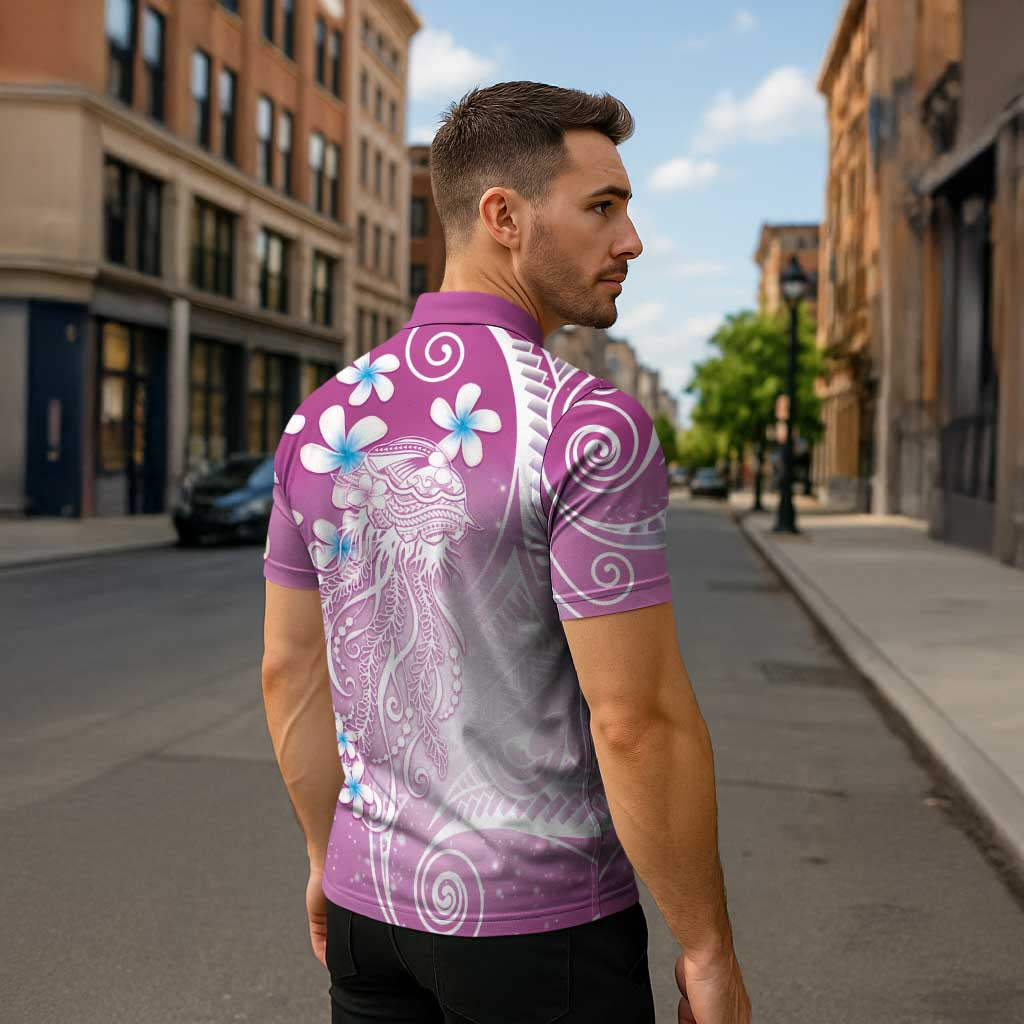 Polynesian Jellyfish Zipper Polo Shirt With Plumeria Pink LT05 - Polynesian Pride