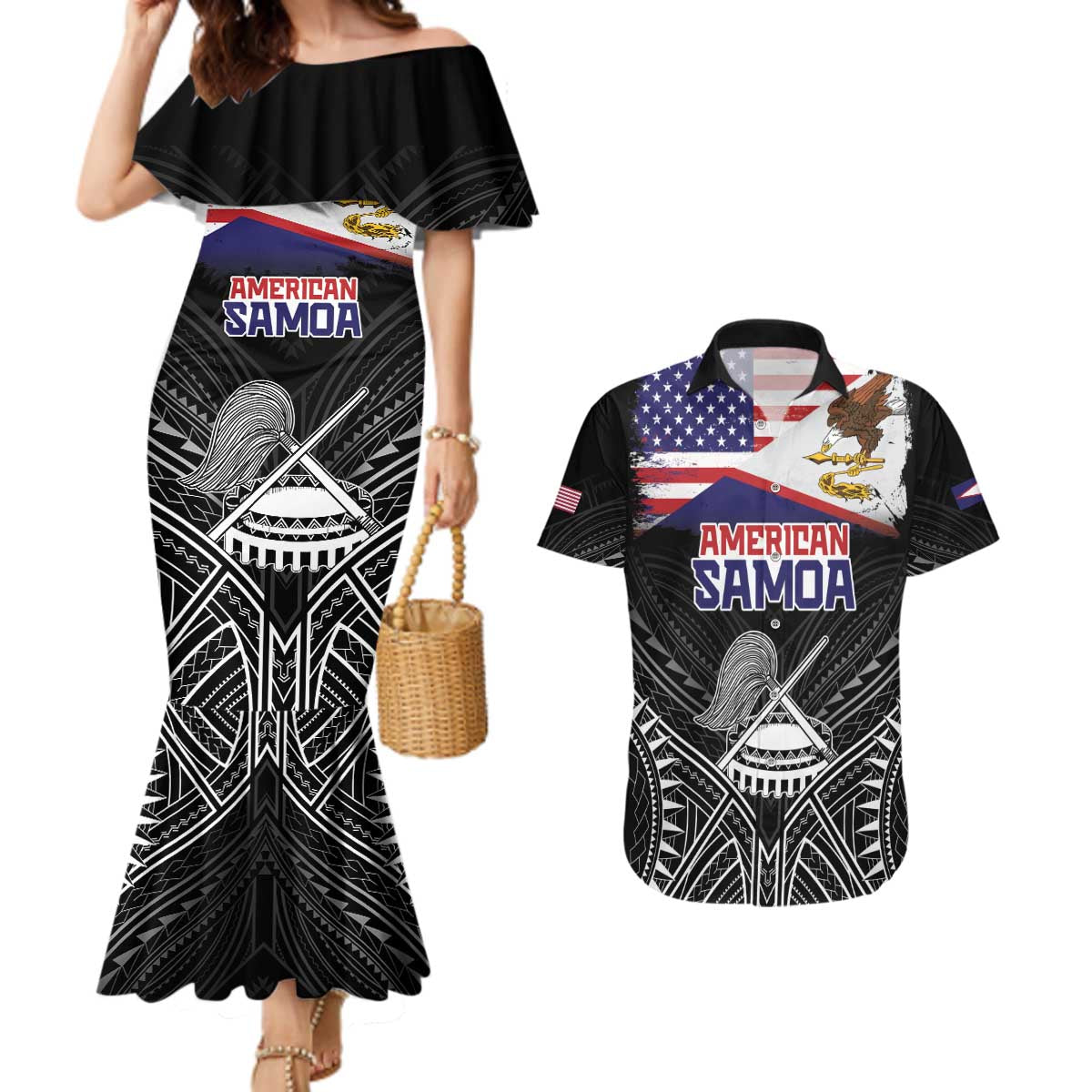 American Samoa Flag Day Couples Matching Mermaid Dress and Hawaiian Shirt Bald Eagle With Polynesian Pattern