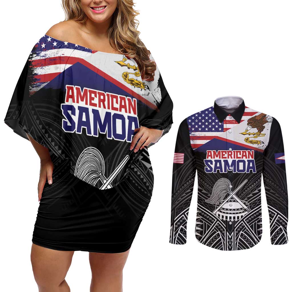 American Samoa Flag Day Couples Matching Off Shoulder Short Dress and Long Sleeve Button Shirt Bald Eagle With Polynesian Pattern
