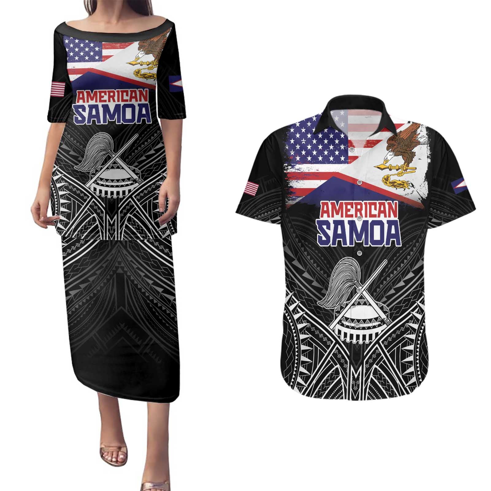 American Samoa Flag Day Couples Matching Puletasi and Hawaiian Shirt Bald Eagle With Polynesian Pattern