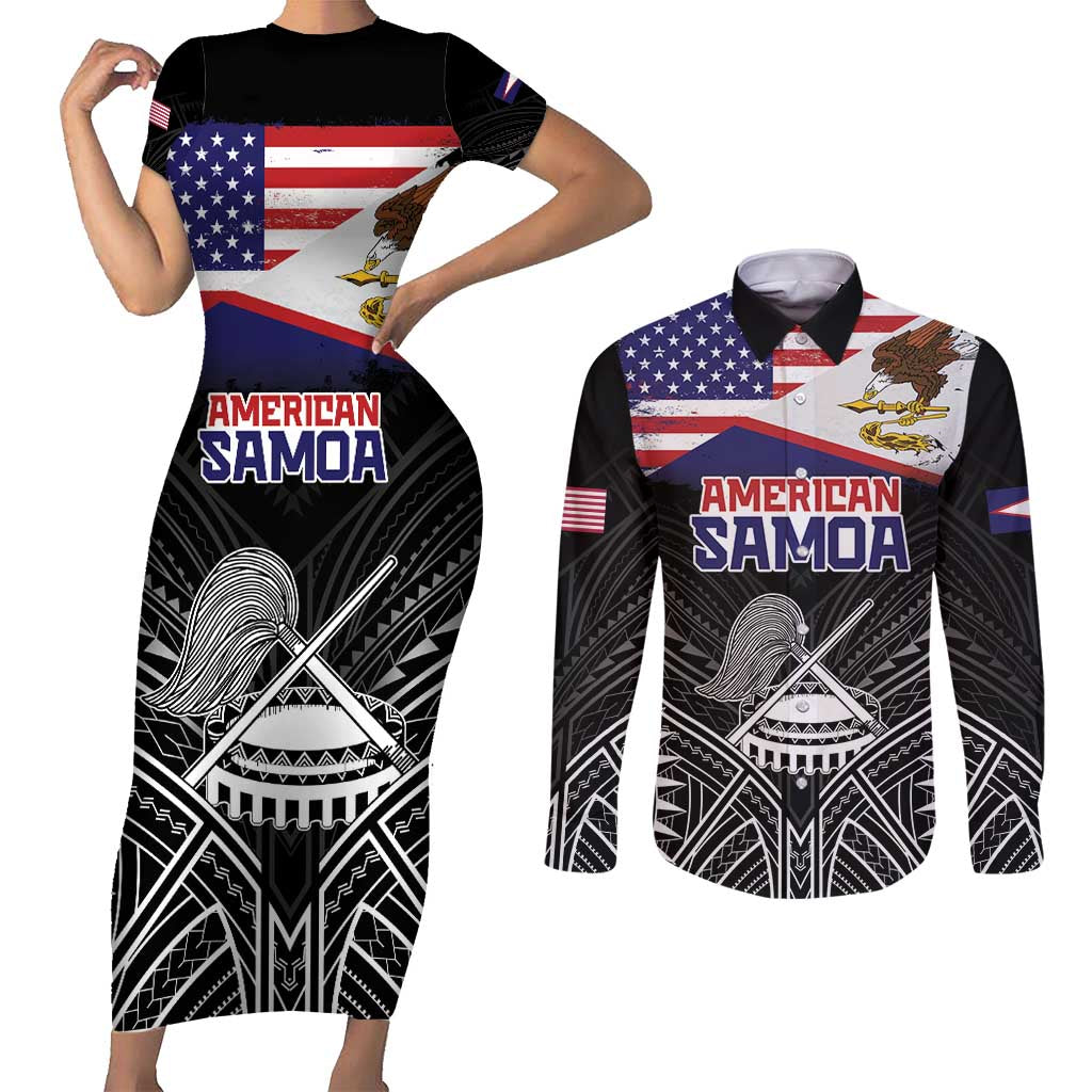 American Samoa Flag Day Couples Matching Short Sleeve Bodycon Dress and Long Sleeve Button Shirt Bald Eagle With Polynesian Pattern