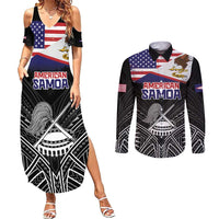 American Samoa Flag Day Couples Matching Summer Maxi Dress and Long Sleeve Button Shirt Bald Eagle With Polynesian Pattern