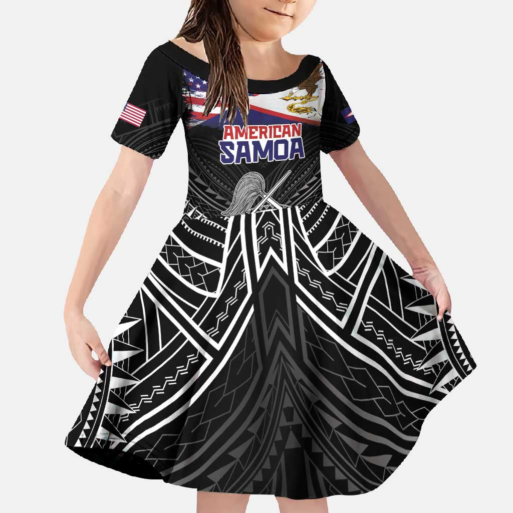 Personalised American Samoa Flag Day Family Matching Long Sleeve Bodycon Dress and Hawaiian Shirt Bald Eagle With Polynesian Pattern LT05 Daughter's Dress Black - Polynesian Pride