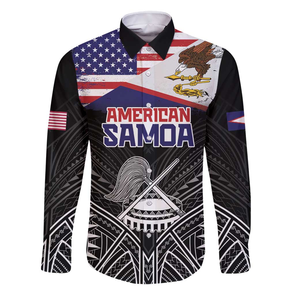 Personalised American Samoa Flag Day Family Matching Long Sleeve Bodycon Dress and Hawaiian Shirt Bald Eagle With Polynesian Pattern LT05 Dad's Shirt - Long Sleeve Black - Polynesian Pride