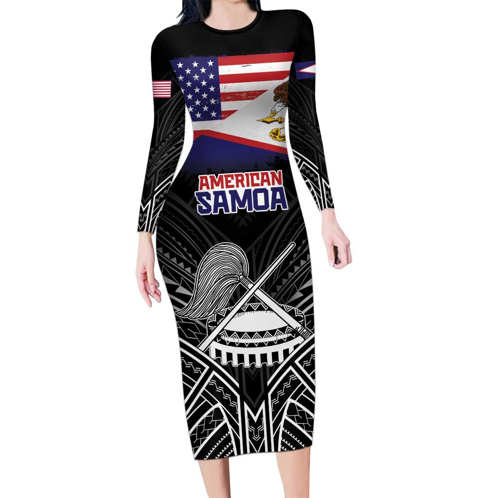 Personalised American Samoa Flag Day Family Matching Long Sleeve Bodycon Dress and Hawaiian Shirt Bald Eagle With Polynesian Pattern LT05 Mom's Dress Black - Polynesian Pride