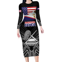Personalised American Samoa Flag Day Family Matching Long Sleeve Bodycon Dress and Hawaiian Shirt Bald Eagle With Polynesian Pattern LT05 Mom's Dress Black - Polynesian Pride
