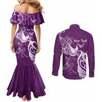 Personalised Fibromyalgia Awareness Couples Matching Mermaid Dress and Long Sleeve Button Shirt Polynesian Purple Ribbon