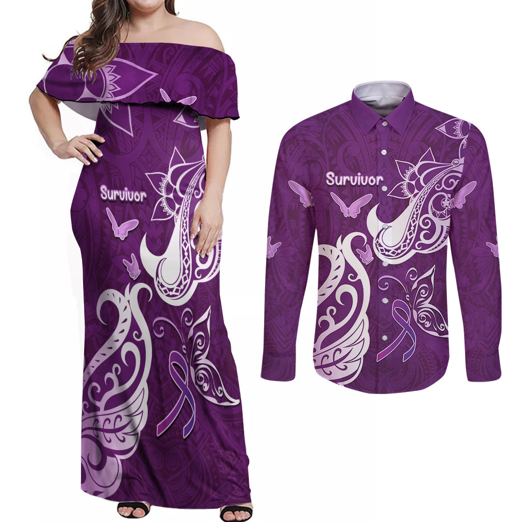 Personalised Fibromyalgia Awareness Couples Matching Off Shoulder Maxi Dress and Long Sleeve Button Shirt Polynesian Purple Ribbon
