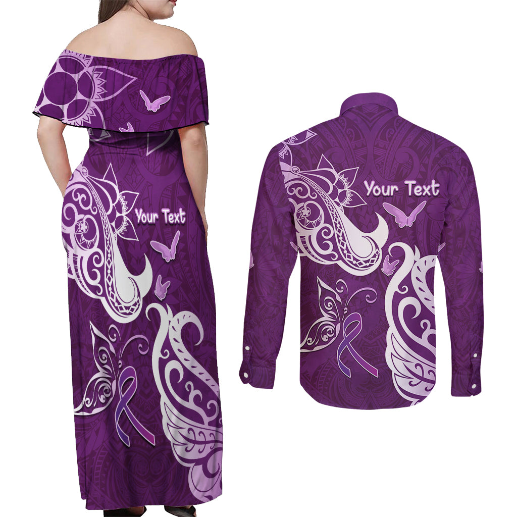 Personalised Fibromyalgia Awareness Couples Matching Off Shoulder Maxi Dress and Long Sleeve Button Shirt Polynesian Purple Ribbon