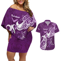 Personalised Fibromyalgia Awareness Couples Matching Off Shoulder Short Dress and Hawaiian Shirt Polynesian Purple Ribbon