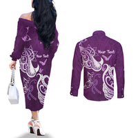 Personalised Fibromyalgia Awareness Couples Matching Off The Shoulder Long Sleeve Dress and Long Sleeve Button Shirt Polynesian Purple Ribbon