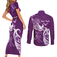Personalised Fibromyalgia Awareness Couples Matching Short Sleeve Bodycon Dress and Long Sleeve Button Shirt Polynesian Purple Ribbon