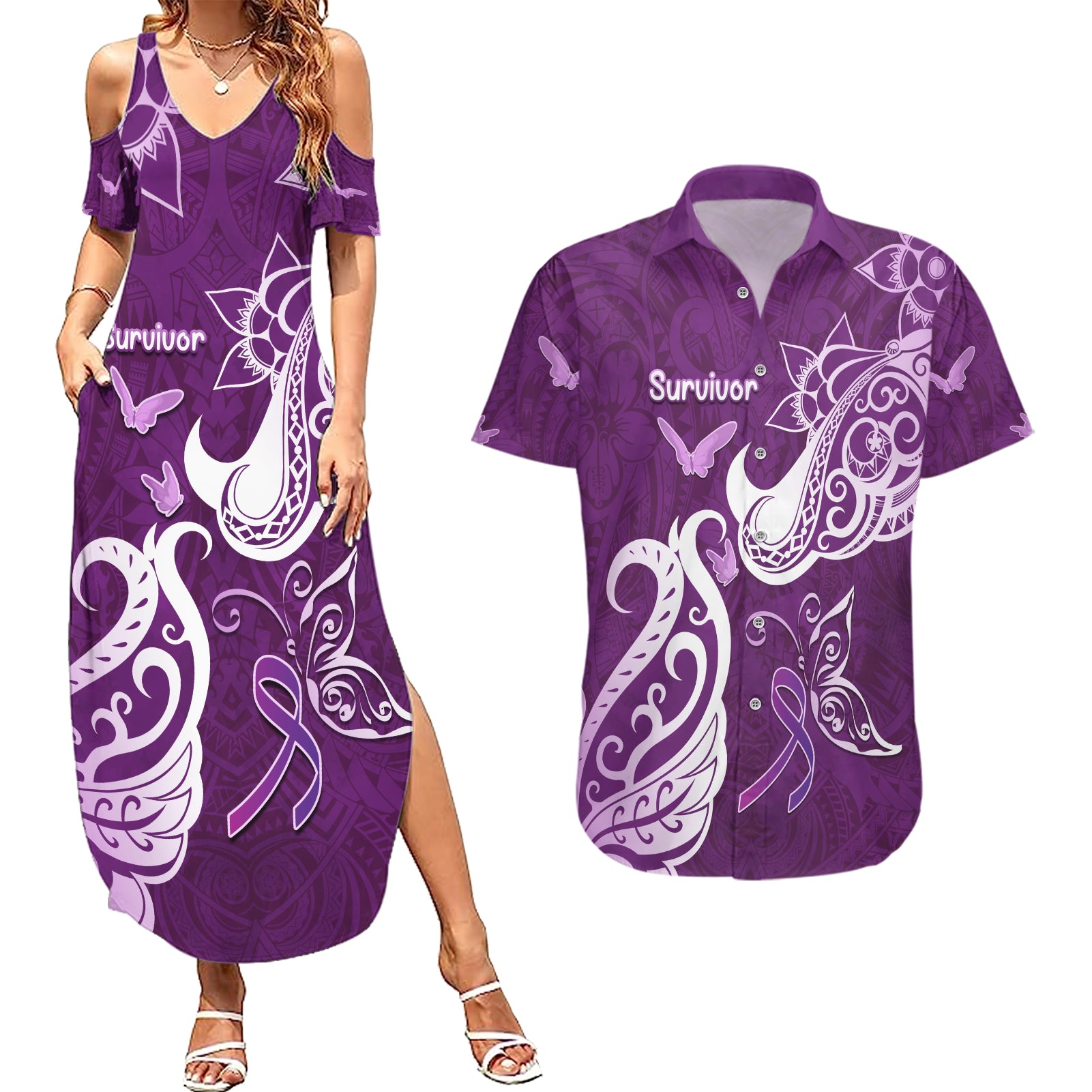 Personalised Fibromyalgia Awareness Couples Matching Summer Maxi Dress and Hawaiian Shirt Polynesian Purple Ribbon