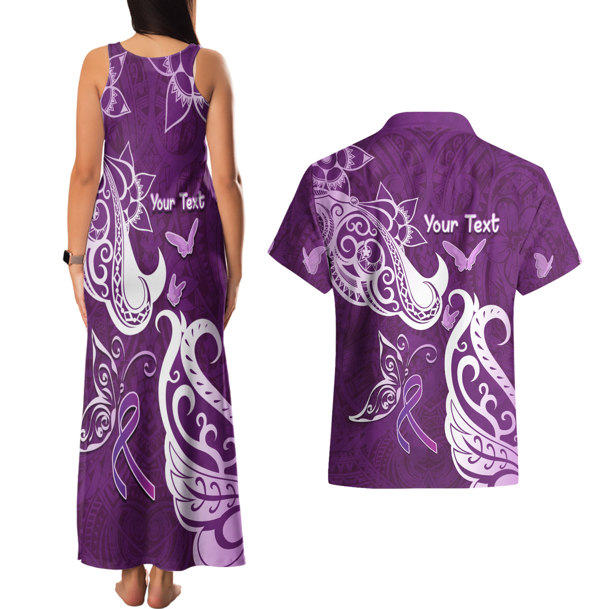 Personalised Fibromyalgia Awareness Couples Matching Tank Maxi Dress and Hawaiian Shirt Polynesian Purple Ribbon