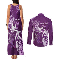 Personalised Fibromyalgia Awareness Couples Matching Tank Maxi Dress and Long Sleeve Button Shirt Polynesian Purple Ribbon
